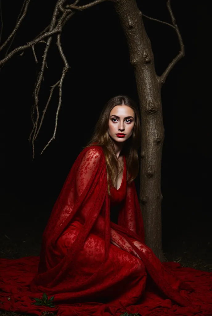 An Award-Winning Masterpiece in High Quality, HD, HDR, (photo realistic) Fine Art Photo Magazine in the Style of Intriguing Fine Art: Bohemian Rhapsod with a flowing maxi dress, and ruby red makeup. (((pale skin, long light brown straight hair,)))),(((meta...