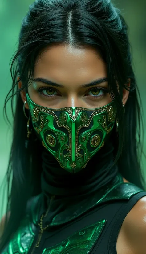 Here is a detailed prompt to generate an image ** super realistic** of Kendall Jenner as **jade**, focused **only on the face**, with a very detailed and shiny metallic green mask, and an impactful background: --- **"Close-up hiper-realista do rosto of Ken...