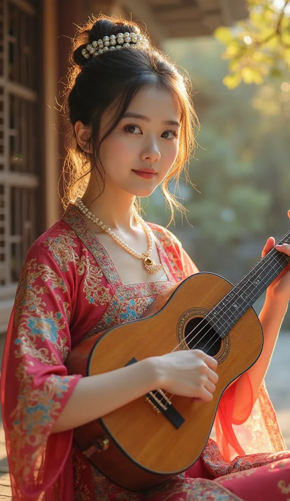 professional real photo realistic of a beautiful 22 year old Korean young woman with medium length wavy hair. Her hair is styled in a traditional bun decorated with pearls. She is wearing a traditional Chinese dress with intricate patterns. The dress has a...