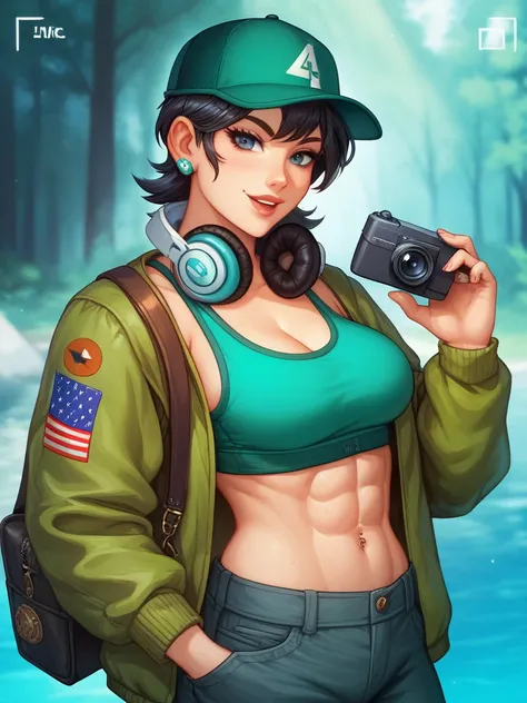 Anime-style illustration of a tall, athletic tomboy kudere girl wearing a dark green baseball cap, slightly tilted forward. She has medium-length straight black hair tucked under the cap. She’s wearing large copper-tone over-ear headphones around her neck....