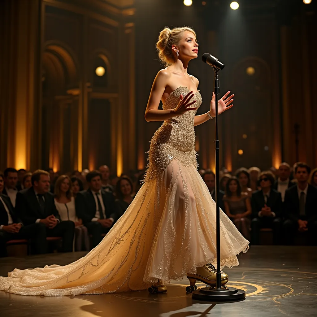 An elegant lady in a dazzling gown hilariously struggling to balance on rollerblades instead of high heels while approaching the Oscars stage, her face full of comedic panic.