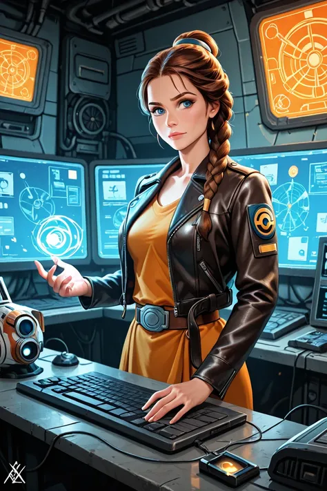 Leia from star wars,a determined woman with her hair tied in a signature braided style stands next to Han Solo with a blaster in hand and a leather jacket. They stand in a brightly lit underground resistance base filled with futuristic computers, maps, and...