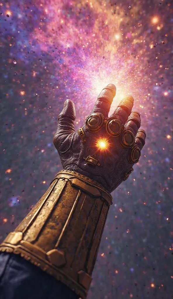  A semi-realistic 3D image "Thanos' hand with the Infinity Gauntlet raised high, he just snapped his fingers. A burst of colorful cosmic energy spread in the air, as if something big was happening. Thanos' face