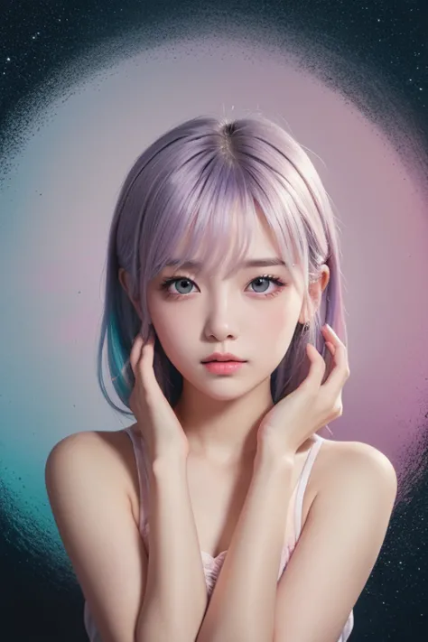 ((Masterpiece, best quality )),(Negative Space :1.4),( 1 girl, Alone:1.4),  beautiful eyes in every detail  , Floating Pastel Pink and Lavender Hair,  lavender eyes , At night, Starry Sky, Shining Star