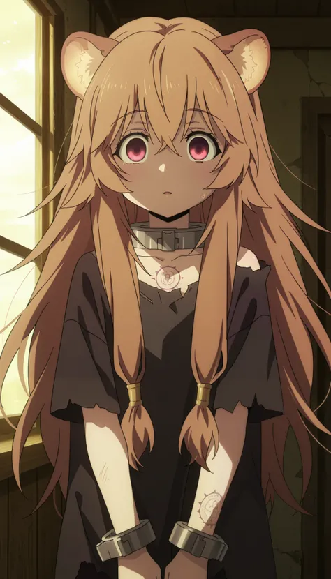 masterpiece, best quality, cinematic lighting, amazing quality, very aesthetic, absurdres, best quality, 4k, upscale, anime coloring, source_anime, anime screencap,

raphtalia-slave,raphtalia,red eyes,brown hair,raccoon girl,long hair,sidelocks,black t-shi...