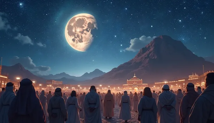 "A breathtaking night scene in ancient Mecca, where the full moon is dramatically split into two glowing halves. Between the two halves, Mount Hira stands tall, silhouetted against the luminous night sky filled with countless shimmering stars. The event ba...