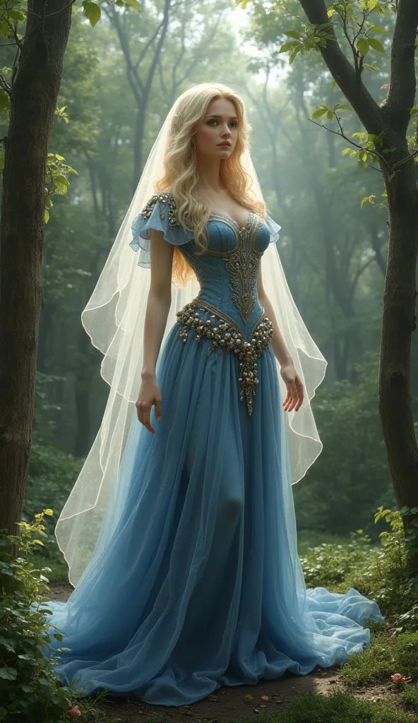 Woman wearing a blond blue dress and a veil, Beautiful fantasy maiden, Detailed Fantasy Art ,  beautiful fantasy art , blonde princess, Artgerm on ArtStation Pixiv,  beautiful girl , (( beautiful fantasy queen )), 2. 5D CGI animation fantasy artwork,  Fant...