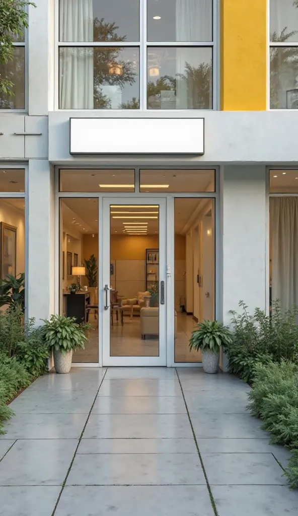 A modern medical clinic with a well-maintained exterior. The entrance has a clear glass door with a bright, professional sign displaying the clinic’s name logo space in white. The building is painted in soothing colors like white and yellow, with large win...