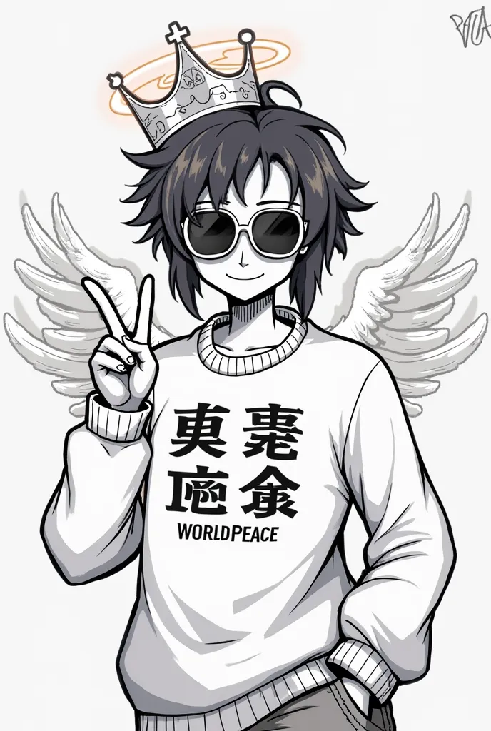 Create a stylized black-and-white digital drawing of a character wearing sunglasses, a crown, and a sweater with Chinese characters that translate to "World Peace" (World Peace). The character has angel wings glowing in the background and is making a peace...