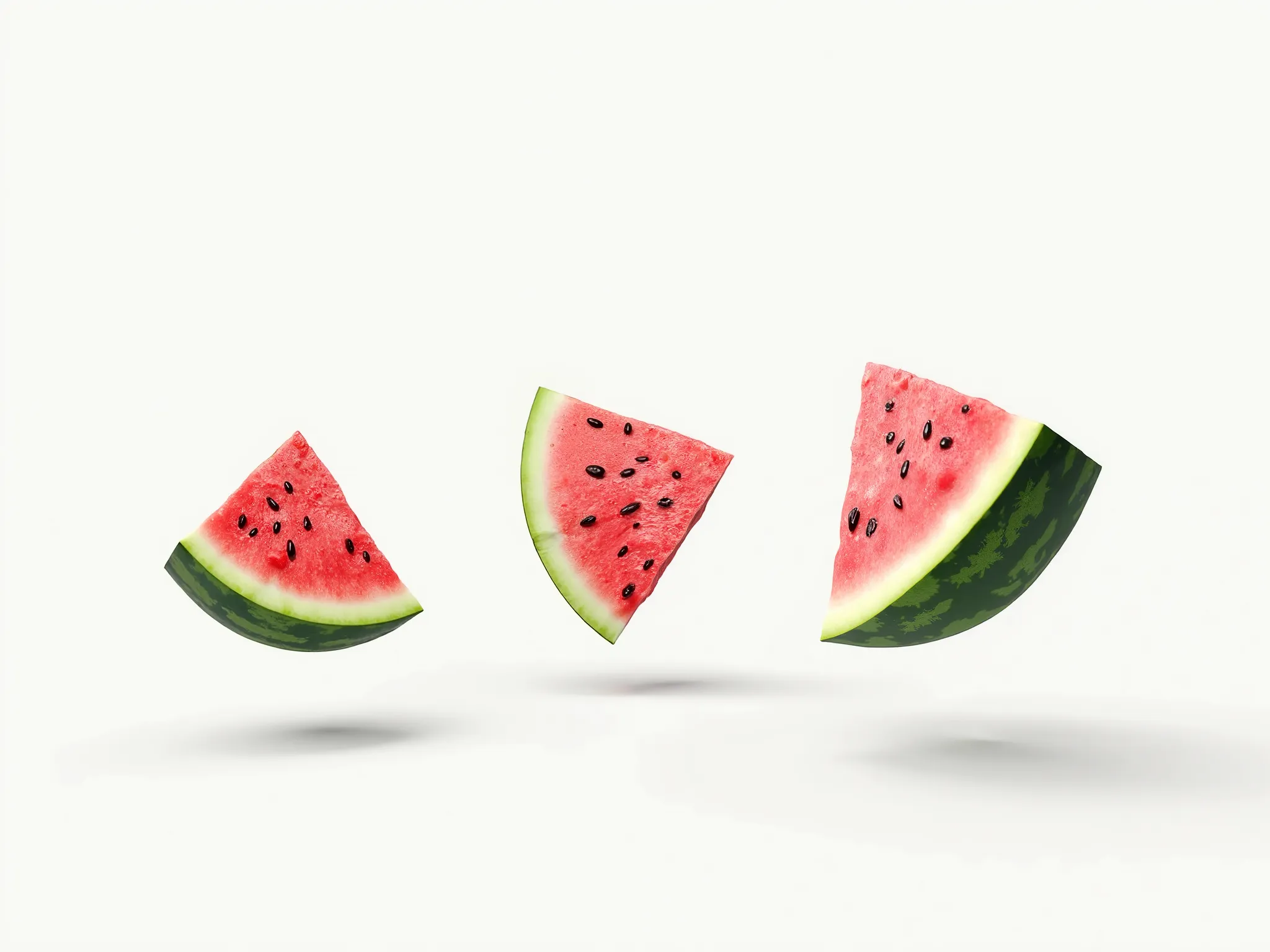 three flying watermelon wedges on white background