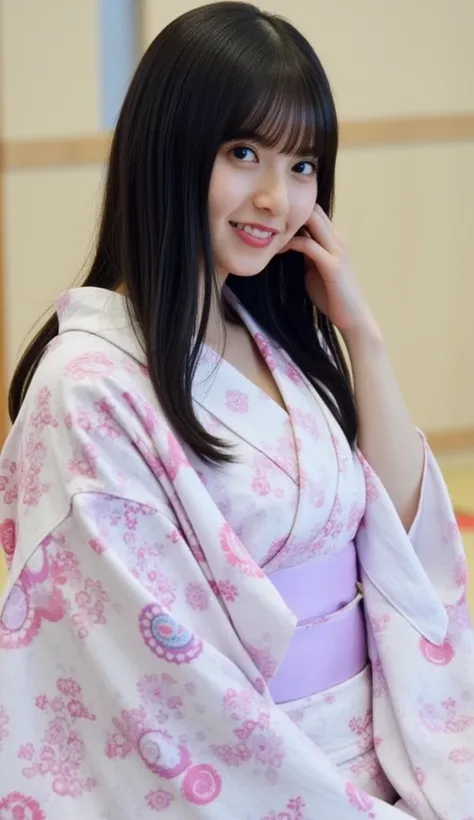 1 girl, top quality, cleavage cutout, can be generated, entangled erect nipples, beautiful breasts, Sideboob,  yukata at a ryokan , Side view angle, Look away from the camera, black hair, No underwear, 8k, real , high definition