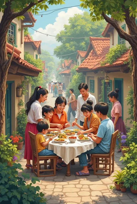 Background: A community of people, with houses and happy families working together.

Foreground: A family is sharing a meal at their corner table, with neighbors helping them.