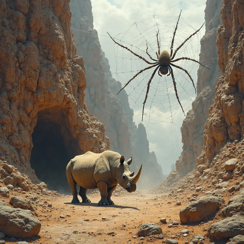 "Create a rocky, dry canyon where a rhinoceros and a spider share the same habitat. The rhinoceros should be standing near a cave entrance, its massive body covered in dust, while the spider weaves an enormous web between the rocks. The background should f...