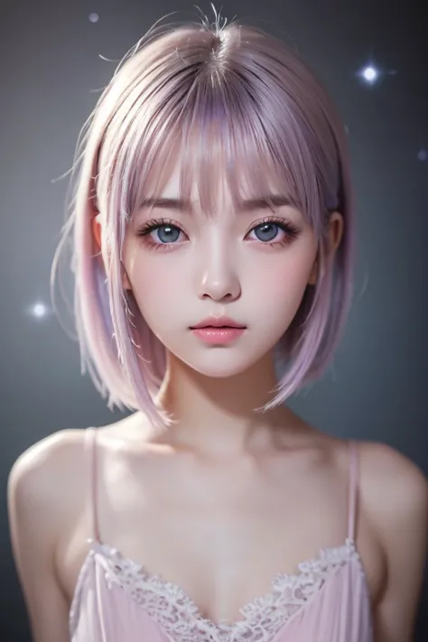 ((Masterpiece, best quality )),(Negative Space :1.4),( 1 girl, Alone:1.4),  beautiful eyes in every detail  , Floating Pastel Pink and Lavender Hair,  lavender eyes , At night, Starry Sky, Shining Star