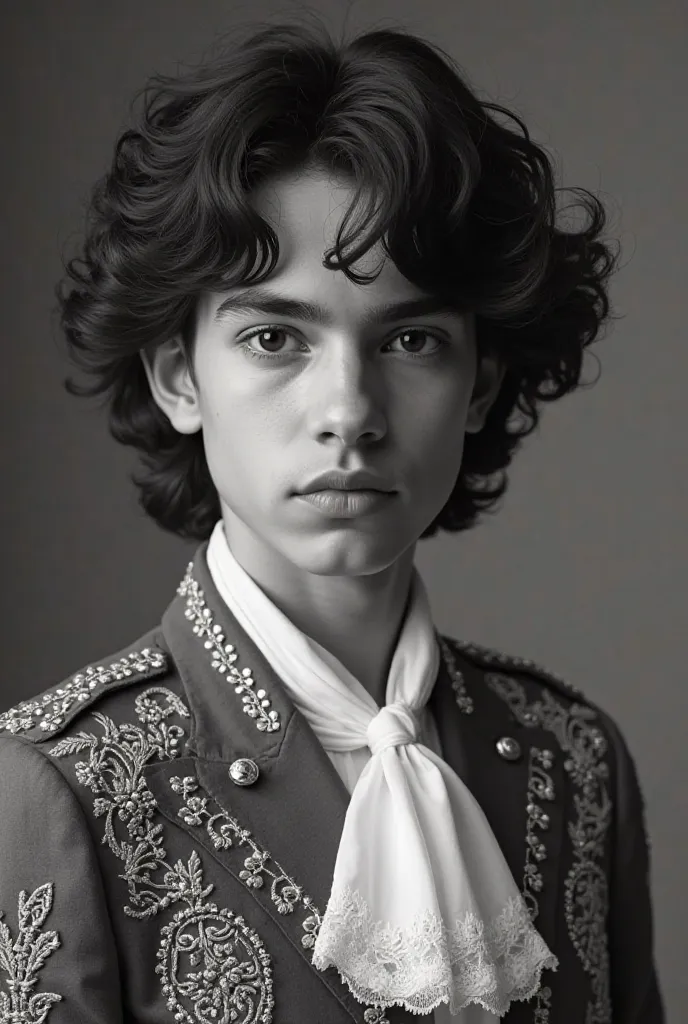 A black and white photo of a 16-year-old young man dressed as a charro, with straight, curly hair, inspired by John Luke, Tumblr style, hyperrealism, Declan McKenna, the same age as Jughead Jones, portrait of Jughead Jones, a beautiful young prince, Timoth...