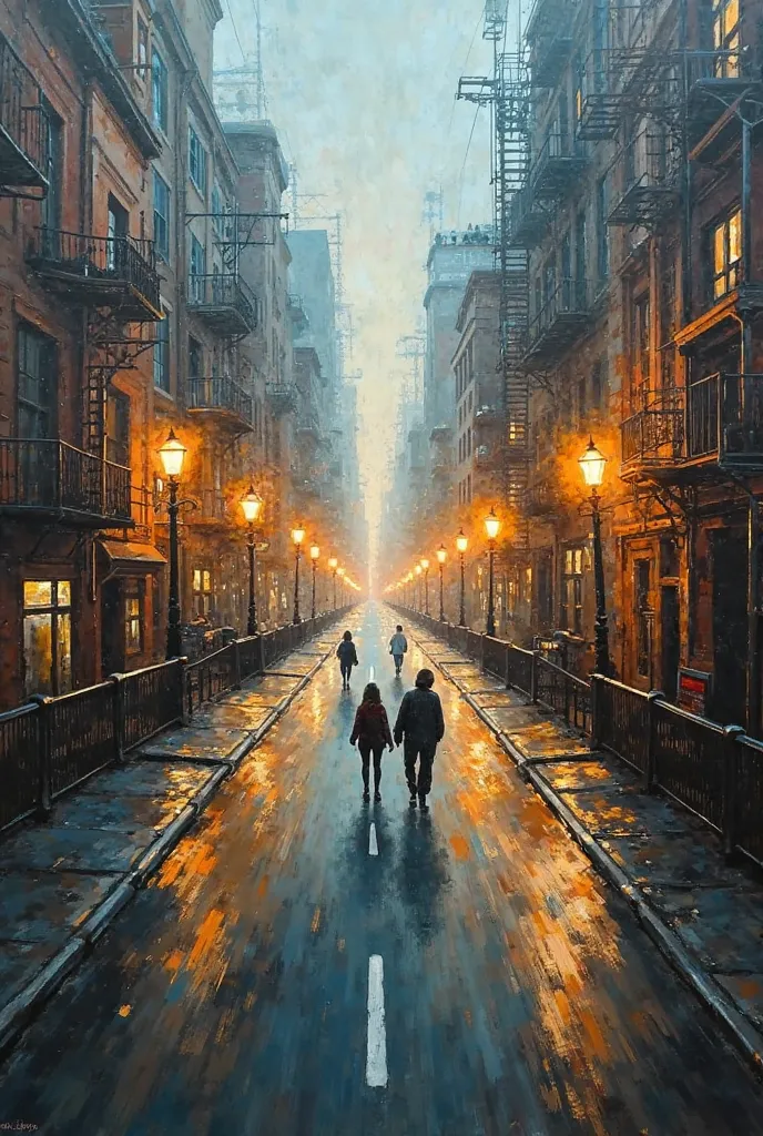 a painting in canvas where there is a road in the middlw and lights in the rogjt side and buildinga at the left where a distortion style portakes where people are walking