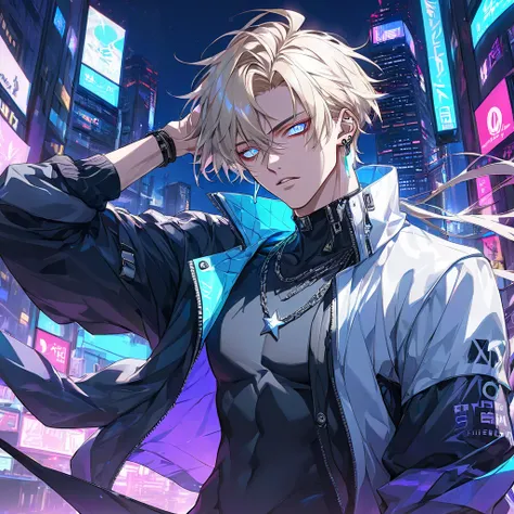 *“Masterpiece, ultra-high-definition, highly detailed, beautiful, anime-style illustration. A tall, slender yet muscular young man with a stylish cyberpunk aesthetic. He has short platinum blonde hair, striking large double-lidded eyes with vibrant blue ir...