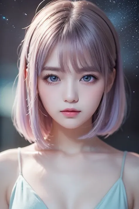 ((Masterpiece, best quality )),(Negative Space :1.4),( 1 girl, Alone:1.4),  beautiful eyes in every detail  , Floating Pastel Pink and Lavender Hair,  lavender eyes , At night, Starry Sky, Shining Star