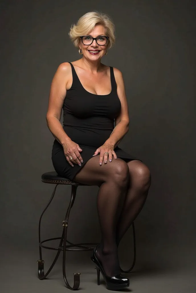 55-year-old woman , Chubby, tight dress elegant short skirt, black tights on the legs, high-heeled shoe,black lipstick, short blonde hair, green eye eyeglasses, sitting ,full body shoe , realistic image.