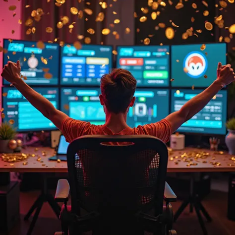 A happy bettor celebrating a big win at a home gaming setup, surrounded by screens showing Fairplay24’s betting results, winning odds, and successful bets. A digital scoreboard highlights recent victories, with golden coins and confetti adding excitement.