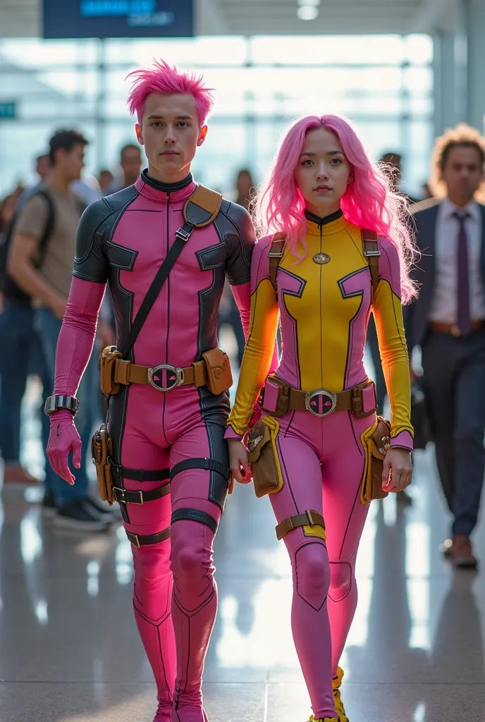 A handsome 15-year-old boy ,pink hair ,wearing a pink yellow combination deadpool costume dan seorang remaja perempuan cantik umur 15 tahun,pink-haired,wearing a pink yellow combination deadpool costume,  is walking along ,looking forward,airport room back...