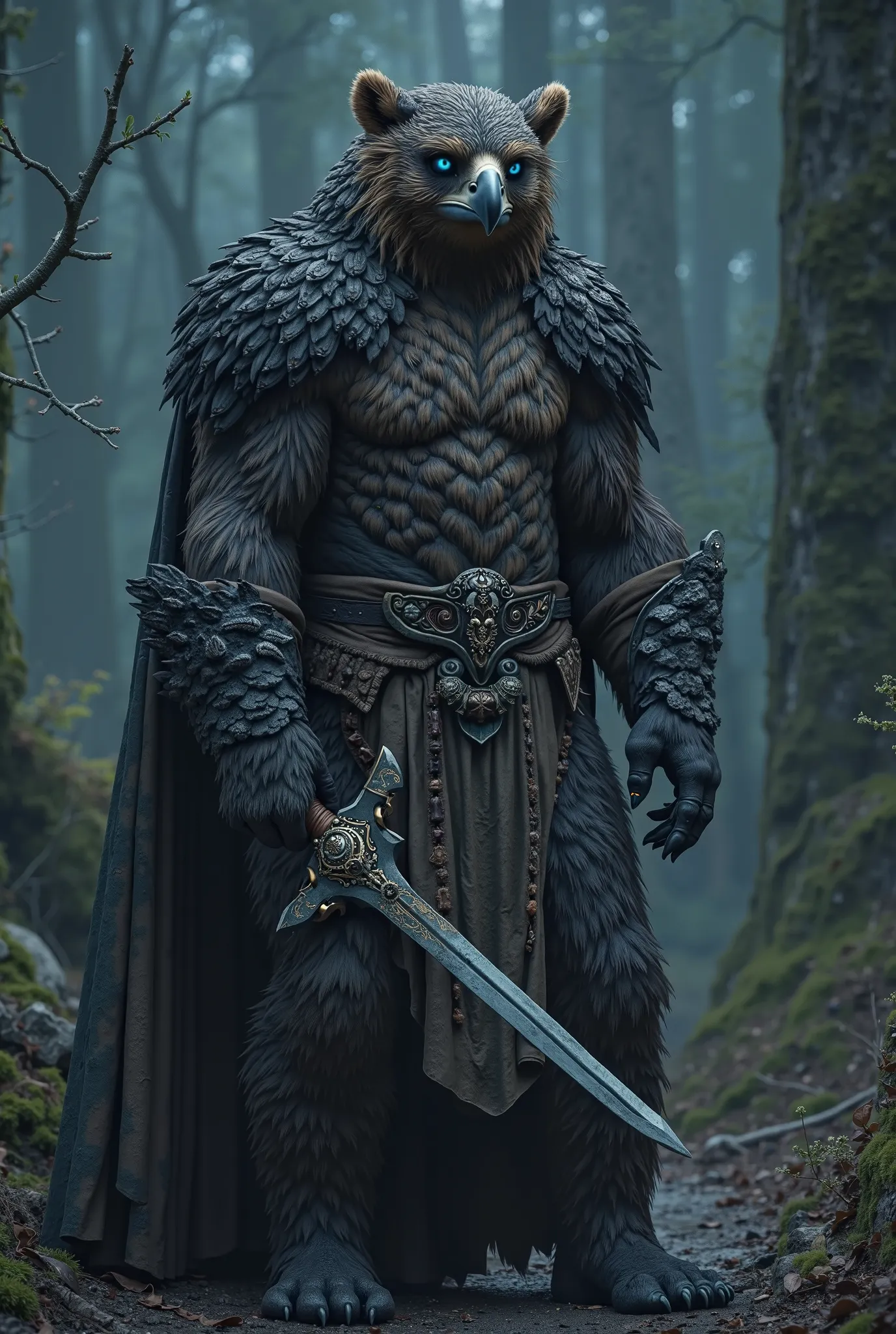 Create a hybrid between man and bear and eagle,with the body of a man with body hair, at night, with eyes that glow dark blue, Holding a sword with elvish rubrics, With an eagle head, That can be camouflaged, and have a few small scales