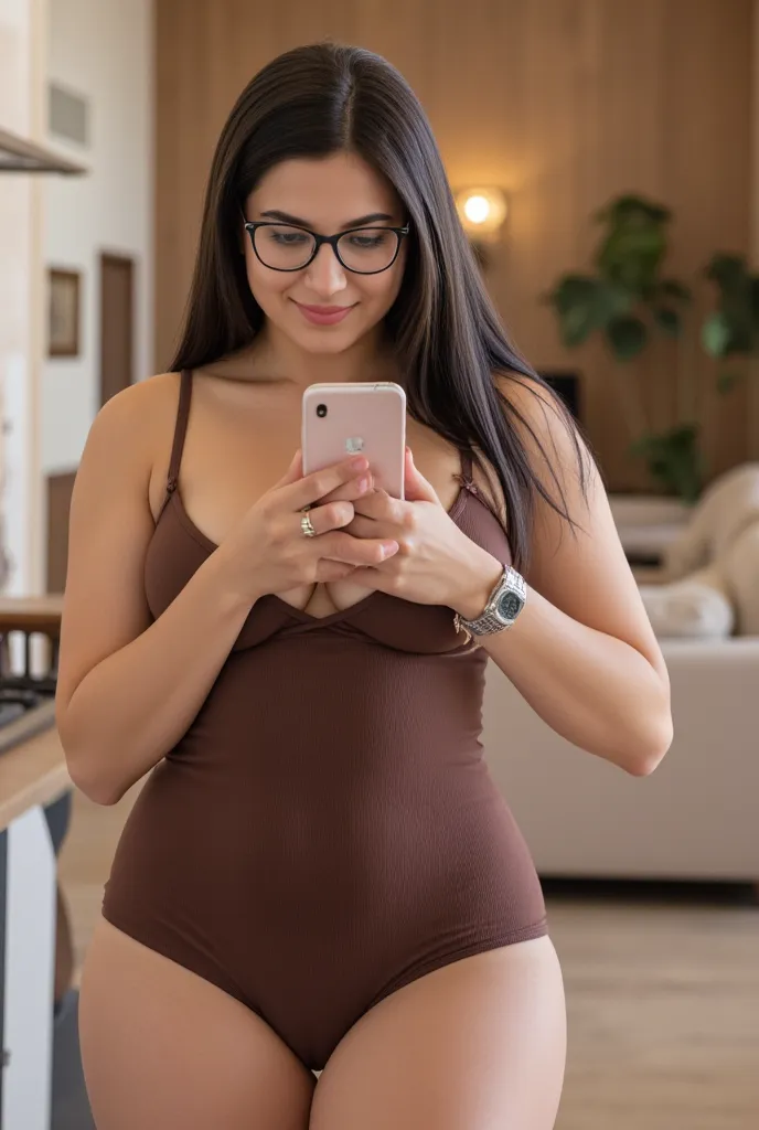 Latin woman with straight and long black hair,  wide hip, medium breasts operated, wearing a brown tank top and matching tight pants, black heel, short stature, worked figure, blue eyes, Satisfied smile, glasses, using jewelry, texting on his cell phone,