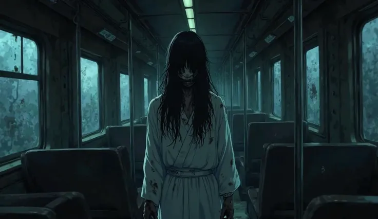 Anime style illustration of a  first-person perspective (POV) inside an eerie, abandoned Japanese train at midnight. The camera turns suddenly toward the far end of the train car—and there, in the dim, flickering light, stands a terrifying Onryō (vengeful ...