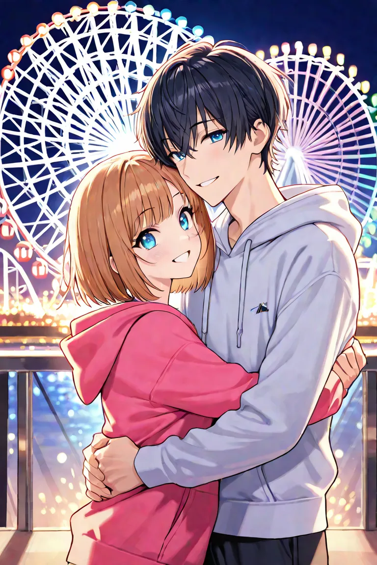 Happy smiling male and female couple wearing hoodies, dark-haired boy wearing a fukabuka hoodie, light brown, bob-cut girl, light blue eyes on a ferris wheel 