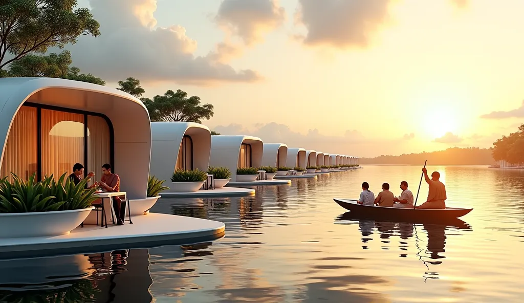  Ultra-detailed, Asians peoples relax sitting with food in clear bags, on table at them terrace, the scene show the riverbay with several design in minimalist curval and primary shaped futuristic sustainbility floating houses with solar panel roofs on big ...