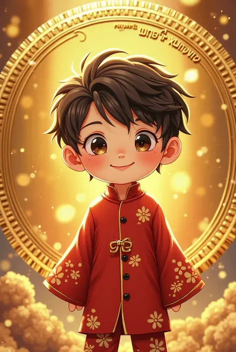 gold色の輝くコインの中央に、A cute boy is drawn。character has a red costume「gold」のcharacterが入ったデザインで、The background is simple、coin。 overall、gold色の光沢が強調され、to give it a texture like an actual coin、The rim of the coin has a delicate engraved pattern on the edge of the。((...