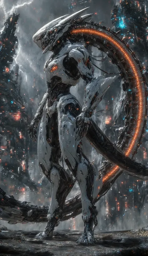 "A towering cybernetic warlord clad in futuristic white and black armor with glowing orange highlights. Sharp, angular features define its helmet, and its segmented biomechanical tail glows with pulsating energy. The warrior stands on a war-torn alien batt...