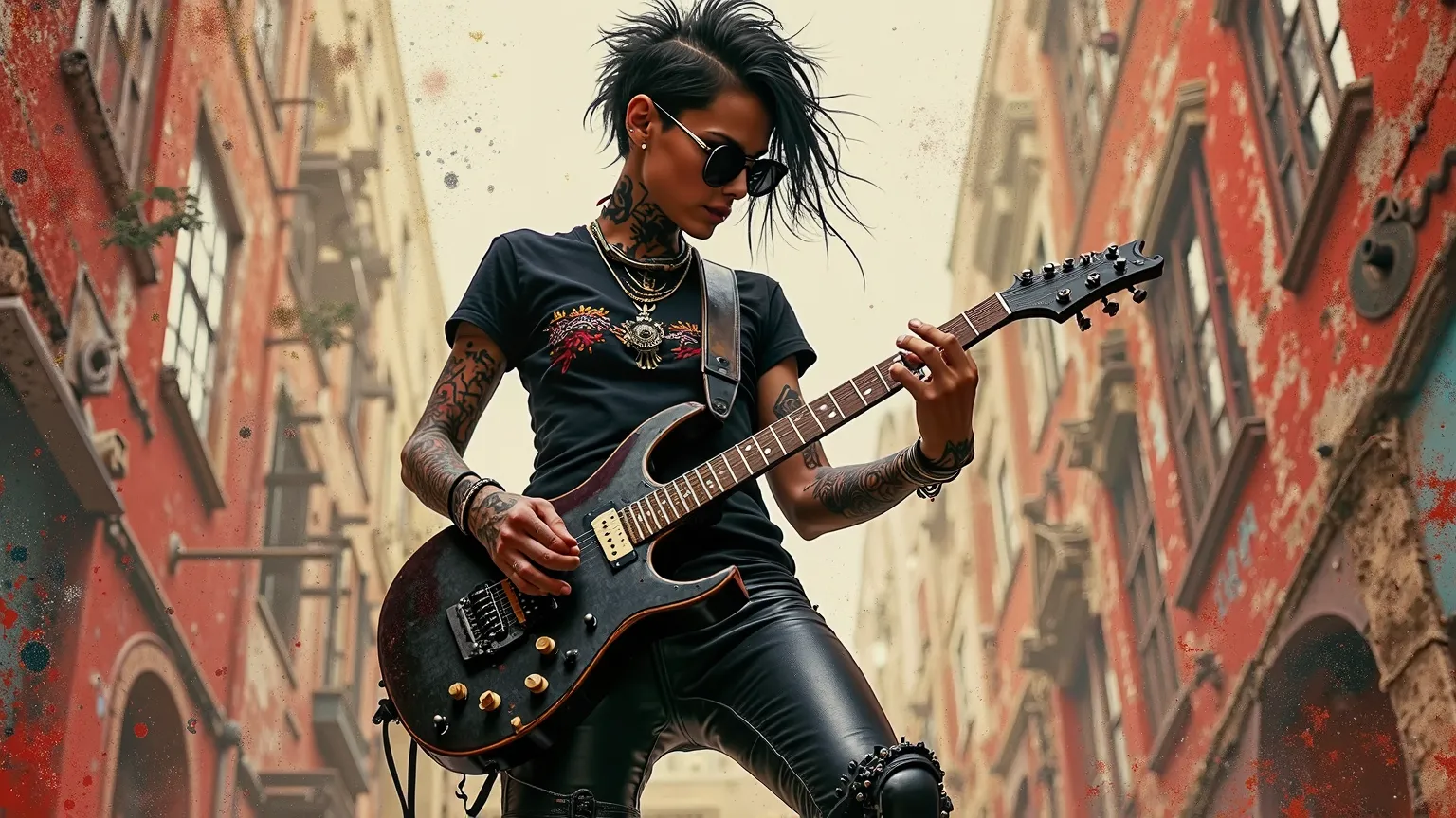 Banksy style, a sexy punk girl, 30 years old, black leather jeans, black t-shirt, sunglasses, many tattoos, with a punk haircut, high rocker boots, playing electric guitar in three-dimensional space, Sarcastic and trendy image. Super quality, super resolut...