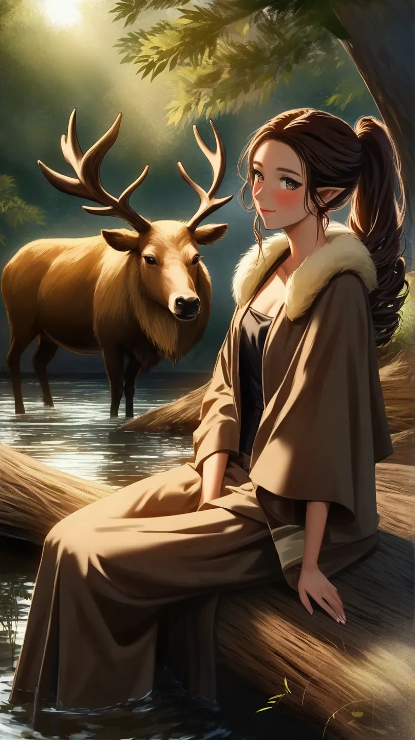 Young adorable and beautiful slender wood elf female with soft facial features and dark skin, long curly dark brown hair pulled up into a ponytail, enchanting seductive amber eyes, blushing cheeks with a soft smile, sitting in a log next to a river wearing...