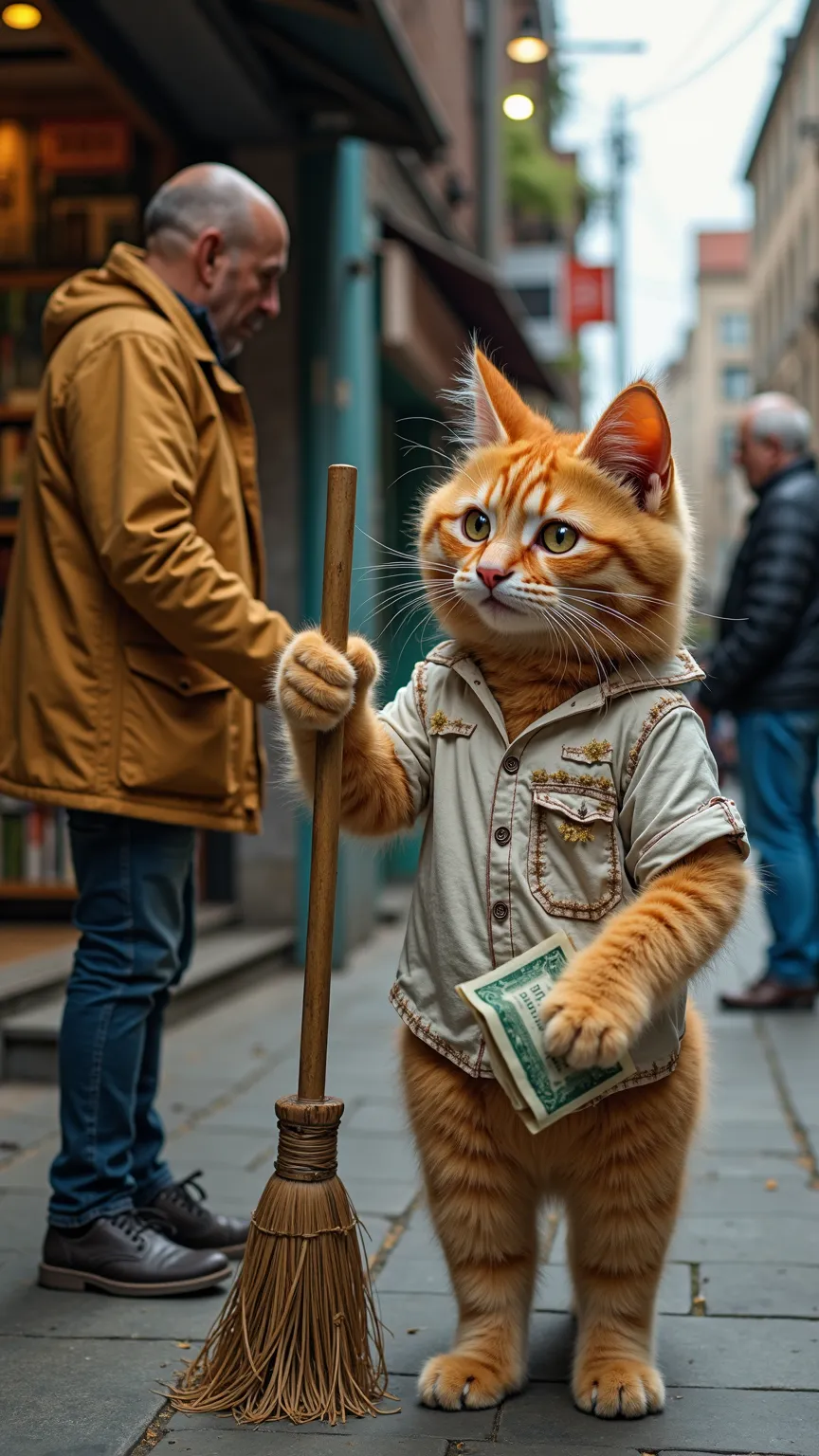 shot from across the street a of a ugly poor book store in a mid day lit street where a man gives a dollar bill to a sad orange kitten  (wearing a old dirty white shirt with openings in it) the cat is holding a broom cleaning the streets