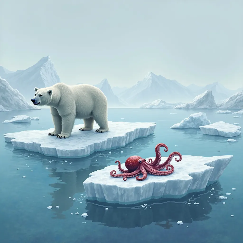 "Create a frozen Arctic seascape where a polar bear and an octopus exist together. The polar bear should be standing on a drifting ice floe, its fur glistening with seawater, while the octopus stretches its tentacles from beneath the ice. The background sh...