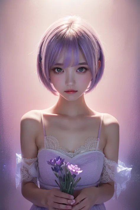 ((Masterpiece, best quality )),(Negative Space :1.4),( 1 girl, Alone:1.4),  beautiful eyes in every detail  , Floating Pastel Pink and Lavender Hair,  lavender eyes , At night, Starry Sky, Shining Star