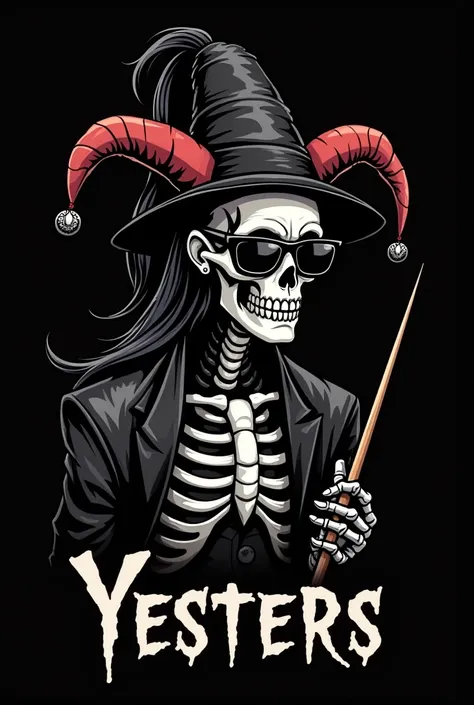 Logo for a rock band/Metal call "Yesters" with a Harlequin skeleton metalhead drummer, Only with the battery chopsticks (drumsticks), Long black hair tied with ponytail, black glasses, buffoon hat , ear piercings, Chin only on the pear, on black background...