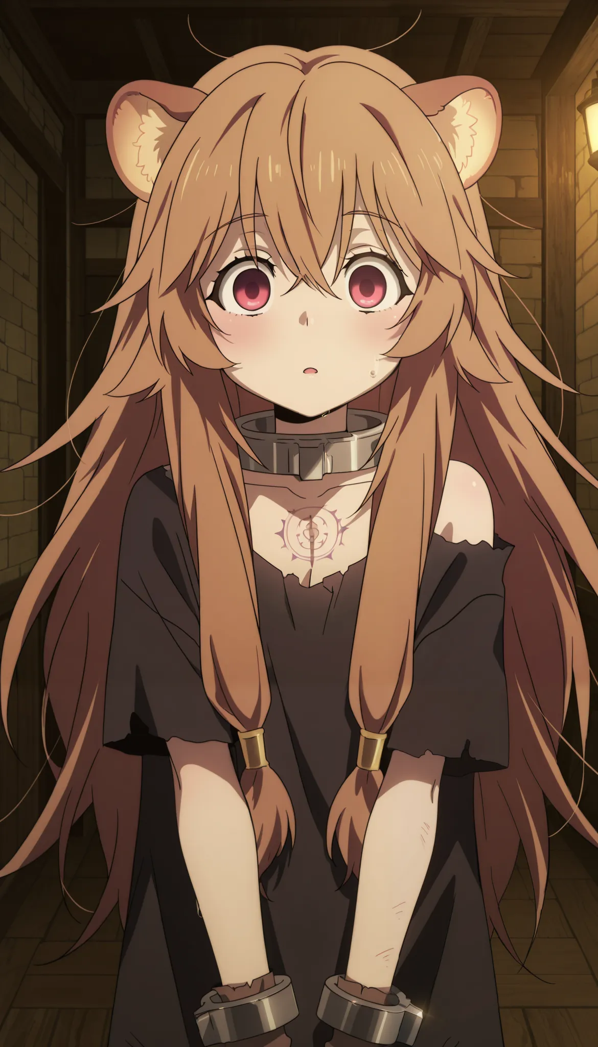 masterpiece, best quality, cinematic lighting, amazing quality, very aesthetic, absurdres, best quality, 4k, upscale, anime coloring, source_anime, anime screencap,

raphtalia-slave,raphtalia,red eyes,brown hair,raccoon girl,long hair,sidelocks, messy hair...