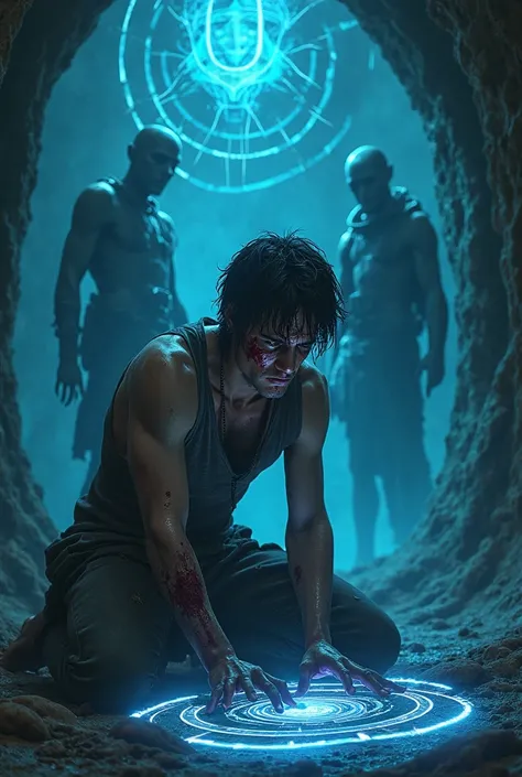 A young man with black hair, bloodied and exhausted, kneels inside a dark, eerie dungeon. Glowing blue runes float in the air as a mysterious system screen appears before him. His expression is a mix of fear and determination, illuminated by the soft glow ...