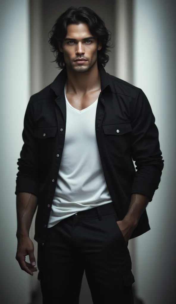 Most handsome men, medium wavy hairs , black hairs , blue eyes , leaned perfect body , greta anatomy , standing in 1/3 pose , wearing black jacket white t-shirt and black cargo , looking at viewer. 