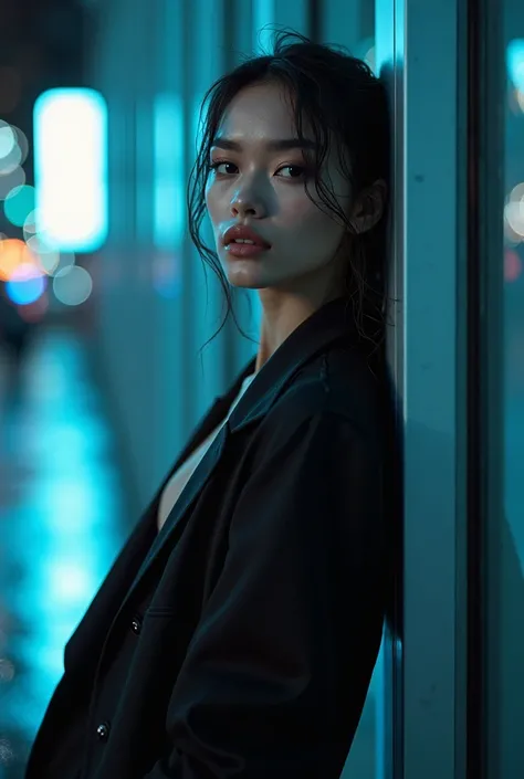  Leaning against a modern glass wall, a woman wears an oversized black blazer,  slightly open , revealing part of her bare skin underneath. The cool blue lighting of the urban environment reflects in her eyes, as diffused city lights flash in the backgroun...