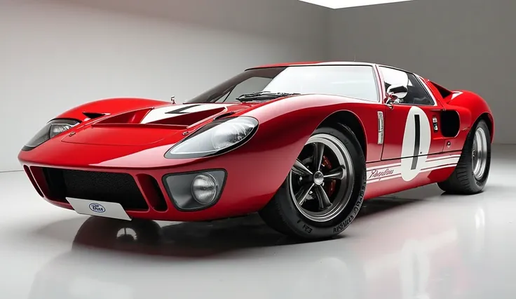 Front left side  view of painted with Shiny cherry red color rules 1965  ford GT40  in large shape car in large size with ford GT40 1965  logo on its large detail grill in Shiny cherry red colour with angular sporty design captured from close front with vi...