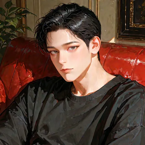 handsome,  sitting , sitting on the sofa, (((upper body))), black hair,  1 man with a gun, (((mature man))), short hair, dark black hair,  male-centered, sharp sharp, sharp, handsome man,  Korean Comic Style  ,  semi-realistic art  ,  semi-realistic art  s...