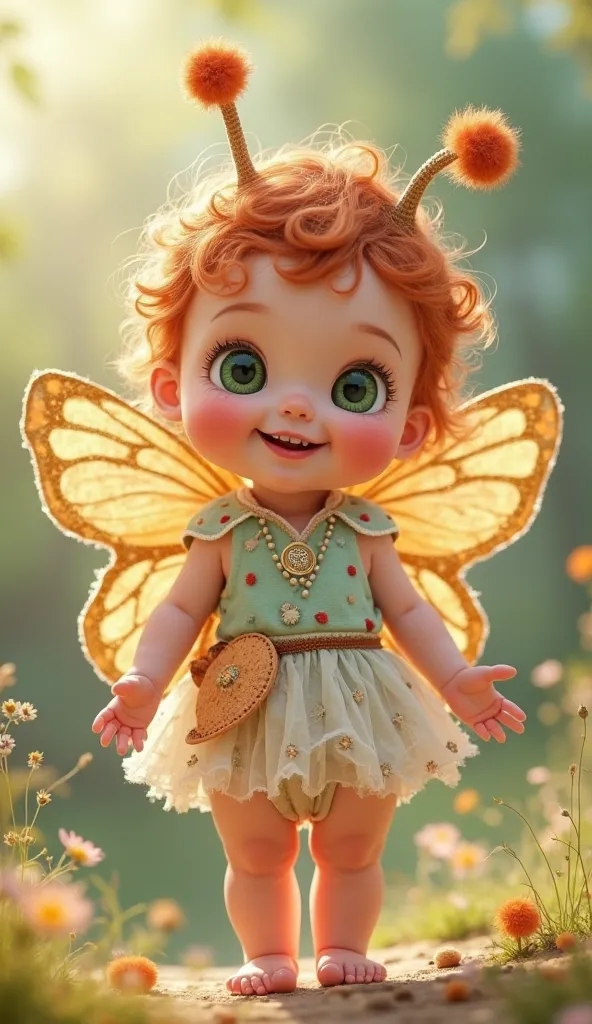 A 5-month-old baby, white, red-haired with green eyes all realistic cutie ,Smiling she is standing,dressed in a handmade butterfly costume, in a bright and open environment