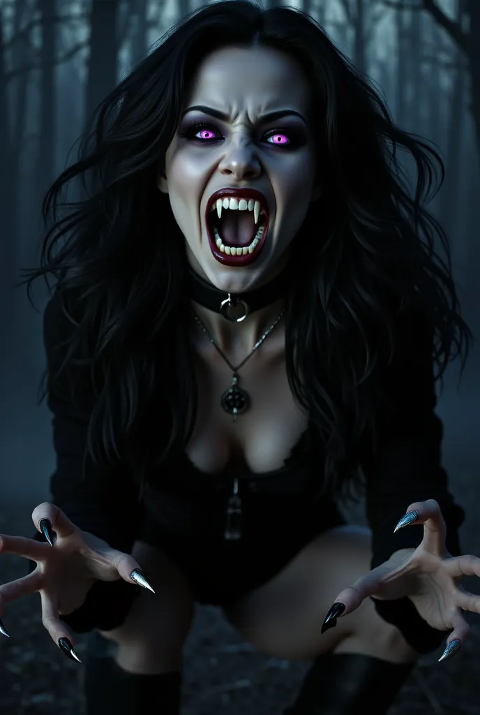 demon woman, sharp fangs, sharp claws, bright purple eyes, plunging neckline, mini shorts, thigh high boots, ready to bite the viewer, detailed portrait of a fierce demonic female character, sharp facial features, piercing eyes, bared fangs, razor-sharp cl...