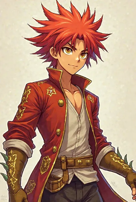 cartoon male character : 1. Appearance 
- Hair:Wild, spiky, and messy red hair with yellow-green highlights, mimicking the rambutan’s hairy shell.  
-Eyes:Golden or amber-colored, reflecting the fruit’s warm tones.  
-Skin Tone:Light but with a slight gold...