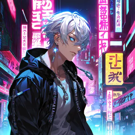 *“Masterpiece, ultra-high-definition, highly detailed, beautiful, anime-style illustration. A tall, slender yet muscular young man with a stylish cyberpunk aesthetic. He has short platinum blonde hair, striking large double-lidded eyes with vibrant blue ir...