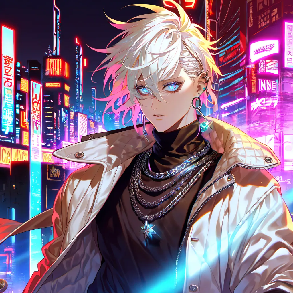 *“Masterpiece, ultra-high-definition, highly detailed, beautiful, anime-style illustration. A tall, slender yet muscular young man with a stylish cyberpunk aesthetic. He has short platinum blonde hair, striking large double-lidded eyes with vibrant blue ir...