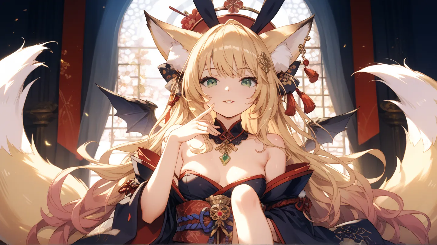 a beautiful anime style painting of a witch standing on a throne with two girls with blonde hair standing beside her, 1girl, animal ears, solo, fox ears, tail, fox tail, blonde hair, long hair, breasts, looking at viewer, fox girl, japanese clothes, animal...